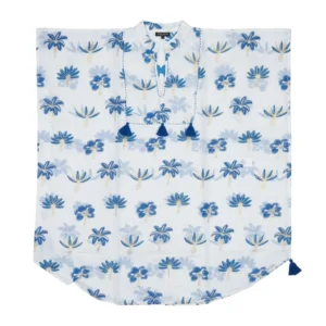 Nomad Sari Din Colecția Med - Kaftan - Crem cu Broderie Albastră și Franjuri