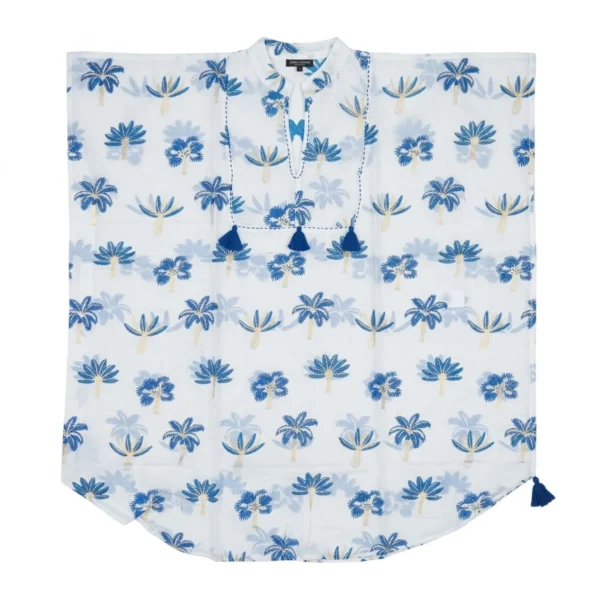 Nomad Sari Din Colecția Med - Kaftan - Crem cu Broderie Albastră și Franjuri