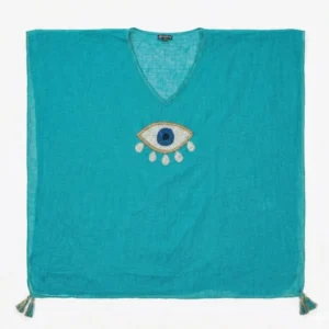 Nomad Sari On the Med Collection - Kaftan - Turcoaz cu auriu și alb, mare ochi de deochi