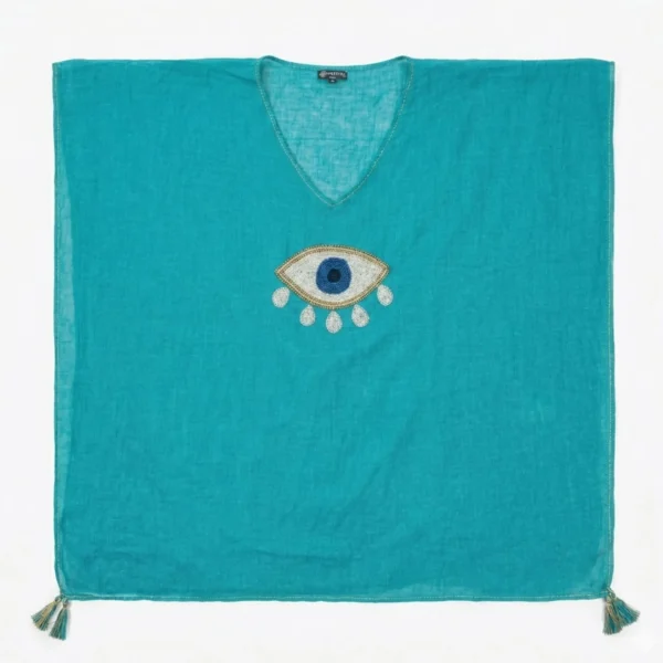 bG9jYWw6Ly9tZWRpYS85US9DRS82MFIzMEMxSjZDVEtDRTlRLzMyYjdjNGJjLmpwZw Nomad Sari On the Med Collection - Kaftan - Turcoaz cu auriu și alb, mare ochi de deochi