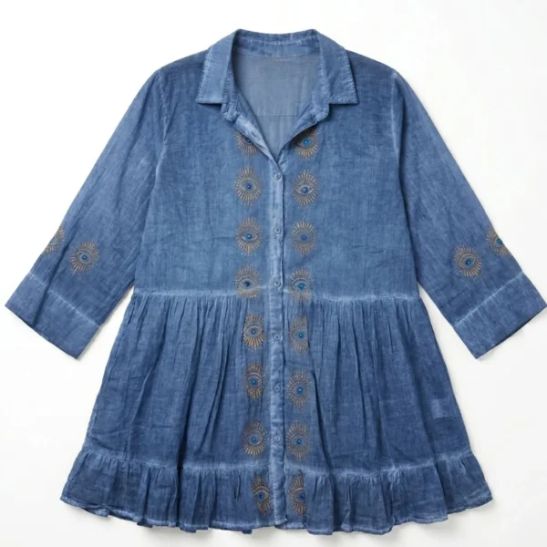 (L-XL) Nomad Sari din Colecția Med - Rochie tunică - Albastru cenușiu închis cu imprimeu bloc cu ochiul rău
