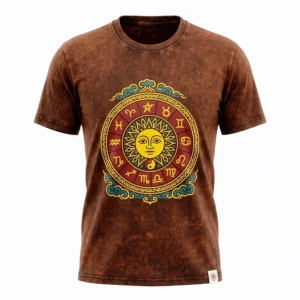 Nomad Sari tricou din bumbac stonewashed - Soare și Zodiac - Maro - Mare