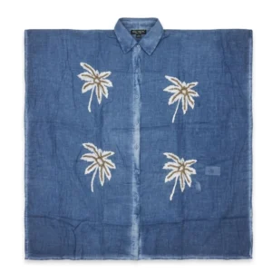 Nomad Sari din colecția Med - Kaftan - Albastru cu decor de palmier în auriu și alb
