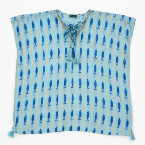 Nomad Sari Din colecția Med - caftan - imprimeu îndrăzneț cu pești în nuanțe turcoaz și albastru