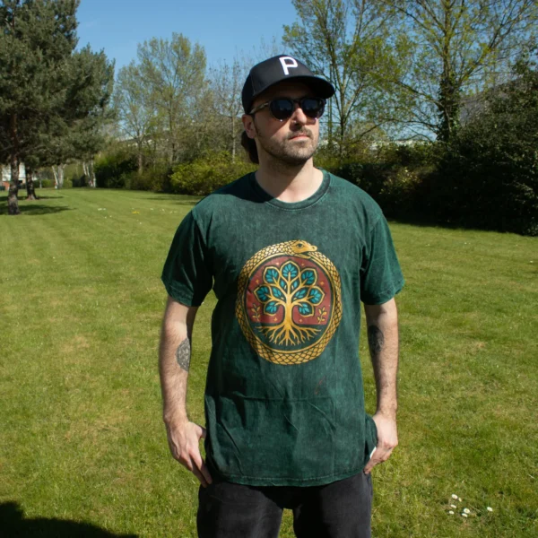 Tricou din bumbac stonewashed Nomad Sari - Copacul vieții - Verde - Mare
