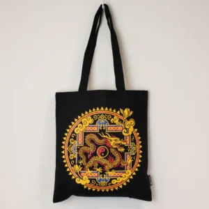 Geantă tote Dragon Yin și Yang din bumbac, negru, 40x36 cm