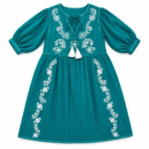 (M-L) Nomad Sari din Colecția Med - Rochie - turcoaz cu broderie și ciucuri
