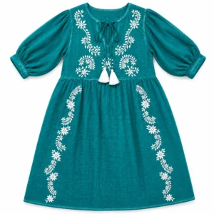 (L-XL) Nomad Sari din colecția Med - rochie - turcoaz cu broderie și ciucuri