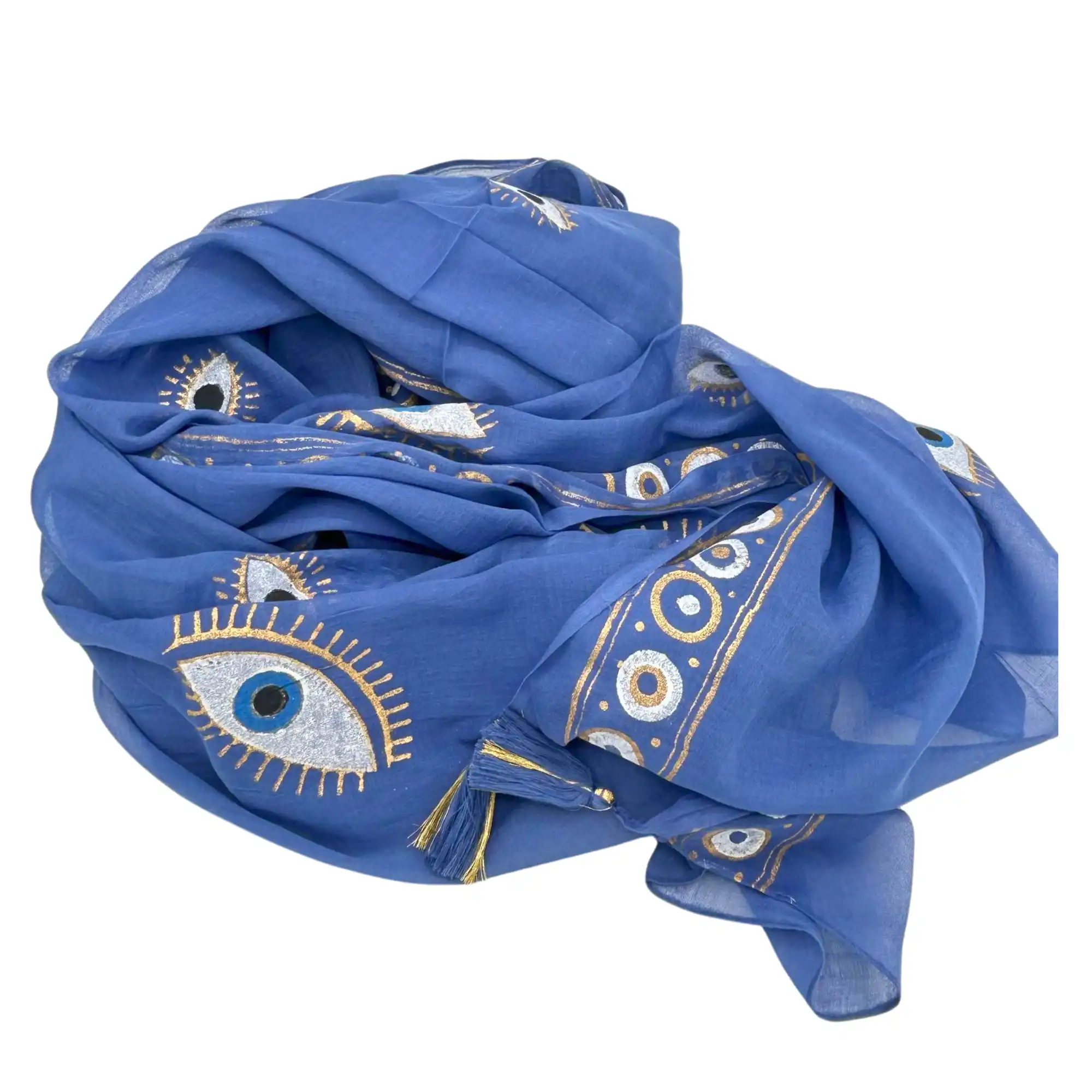 Sarong albastru intens și aur cu design ochiul rău pictat manual