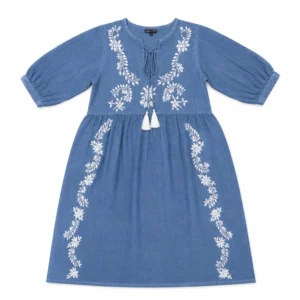 (M-L) Nomad Sari Din colecția Med - Rochie - Albastru închis cu broderie și ciucuri