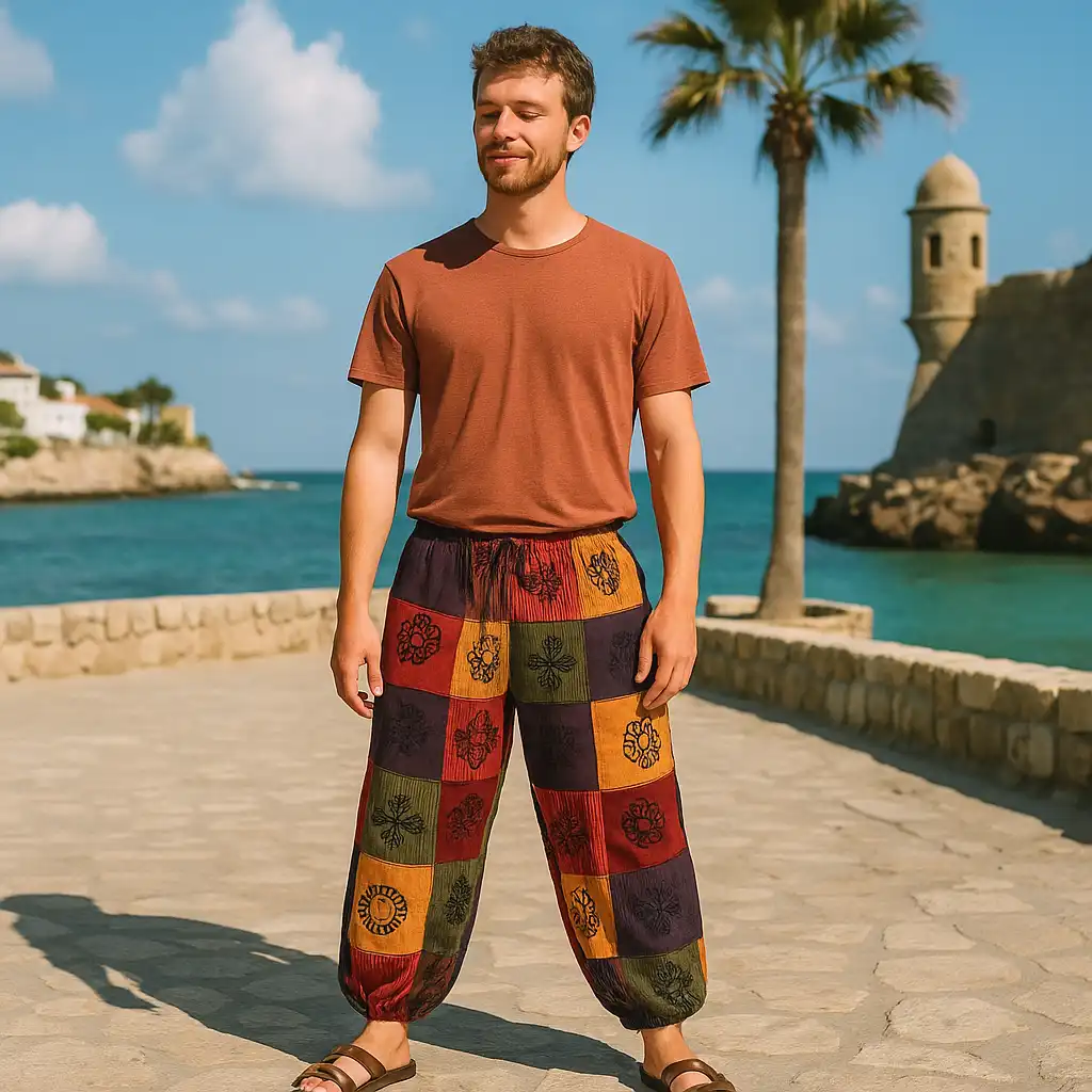 Nomad Sari - Pantaloni cu Motiv de Ciupercă - Design Block Print - Tonuri de Portocaliu L/XL