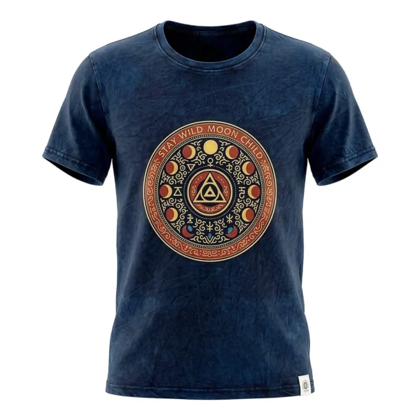 Tricou din bumbac stonewashed Nomad Sari - Stay Wild Moon Child - Albastru - Mare