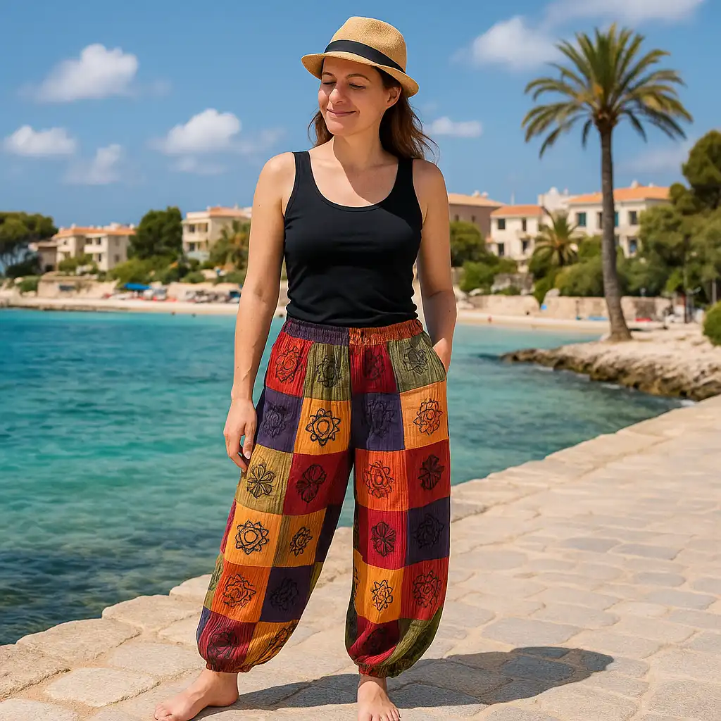 Nomad Sari - Pantaloni cu Motiv de Ciupercă - Design Block Print - Tonuri de Portocaliu S/M
