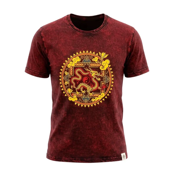 Tricou Nomad Sari din Bumbac cu Aspect Stonewashed – Mandala Dragonului – Vișiniu – Mic
