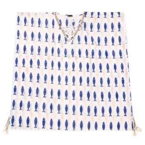 Nomad Sari din colecția Med - Kaftan - imprimeu cu pești alb-albastru, îndrăzneț