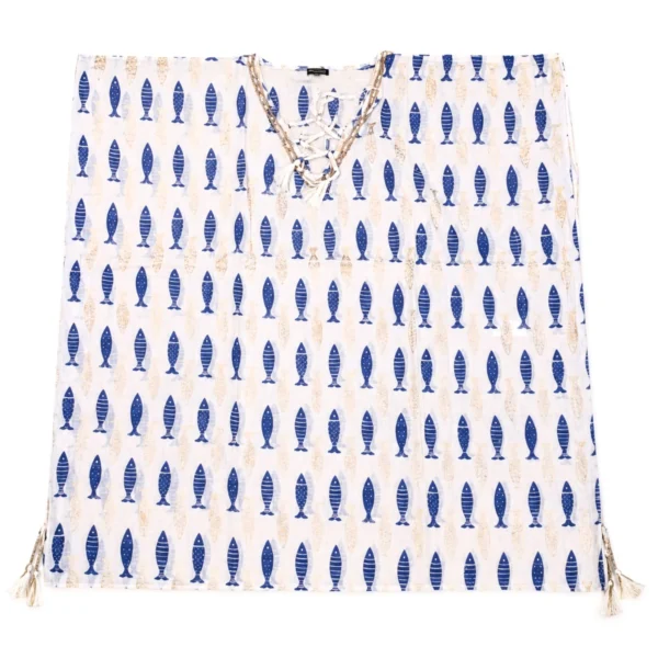 Nomad Sari din colecția Med - Kaftan - imprimeu cu pești alb-albastru, îndrăzneț