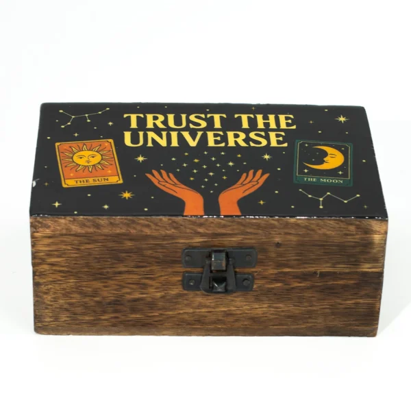 Cutie emailată din lemn de mango Trust the Universe
