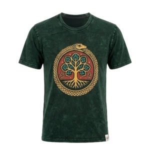 Tricou Nomad Sari din Bumbac cu Aspect Stonewashed – Arborele Vieții – Verde – Mic