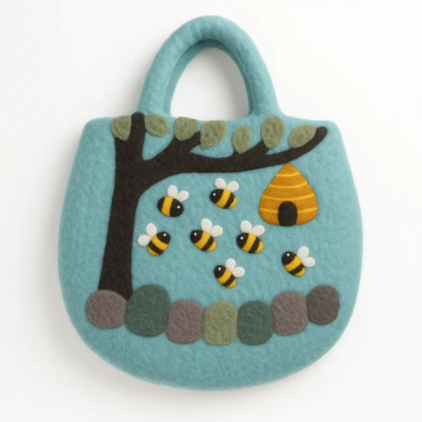 Geantă dama din pâslă cu imprimeu grădina cu ciuperci si mâner magnetic, 35x27 cm