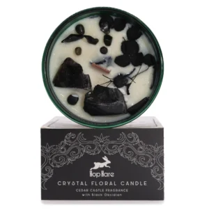 Lumânare din ceară de soia cu cristale de obsidian negru și flori uscate, parfum de cedru