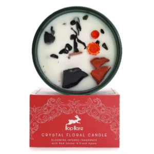 Lumânare din ceară de soia cu cristale de jasp roșu și agat negru, parfum de portocală