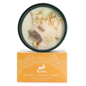 Lumânare din ceară de soia cu cristal de cuarț de stâncă și flori uscate, parfum de iasomie