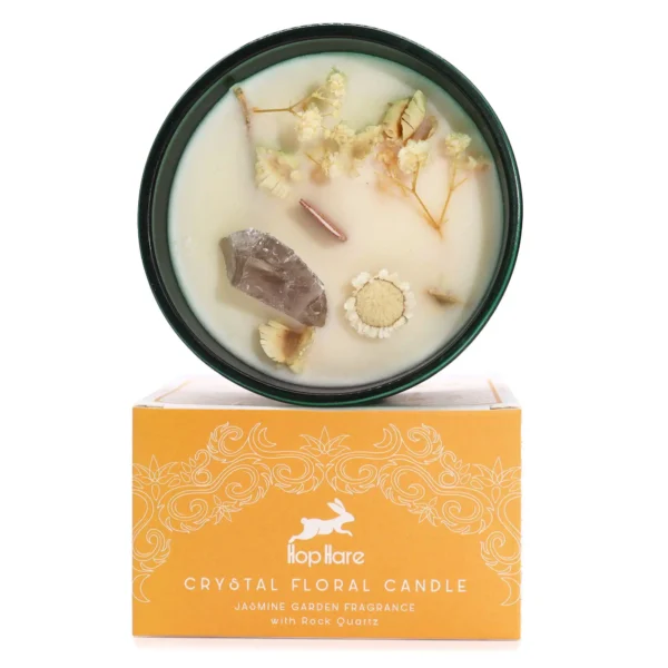 Lumânare din ceară de soia cu cristal de cuarț de stâncă și flori uscate, parfum de iasomie
