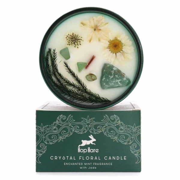 Lumânare din ceară de soia cu cristale de jad și flori uscate, parfum de mentă verde Lumânare din ceară de soia cu cristale de jad și flori uscate, parfum de mentă verde