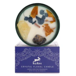 Lumânare din ceară de soia cu cristale de citrin și sodalit, parfum de citrice
