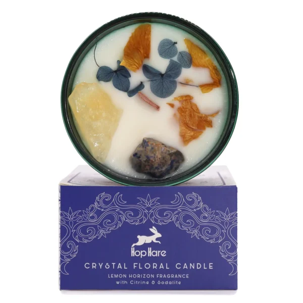 Lumânare din ceară de soia cu cristale de citrin și sodalit, parfum de citrice