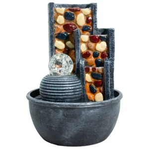 Fântână Arteziană de Masă – 19×19×28 cm – Pereți din Pietricele și Glob de Cristal