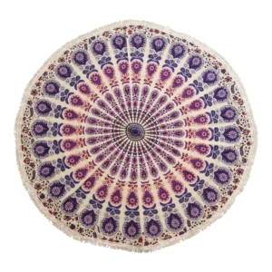 Artă Rotundă Mică Mandala din Bumbac (130cm) – Păun în Nuanțe de Violet
