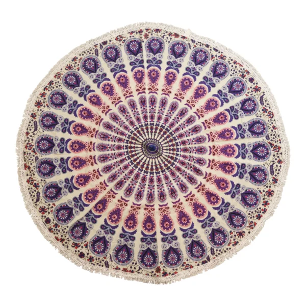 Artă Rotundă Mică Mandala din Bumbac (130cm) – Păun în Nuanțe de Violet