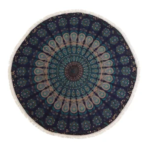 Artă Rotundă Mică Mandala din Bumbac (130cm) – Păun în Nuanțe de Albastru