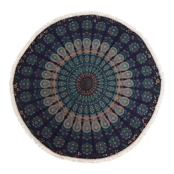 Artă Rotundă Mică Mandala din Bumbac (130cm) – Păun în Nuanțe de Albastru