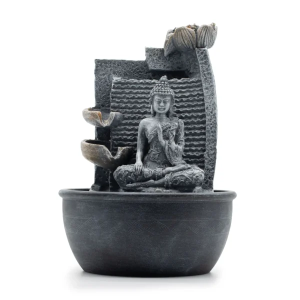 Fântână Arteziană de Masă – 19×19×28 cm – Buddha, Floare de Lotus și Vase în Cascadă